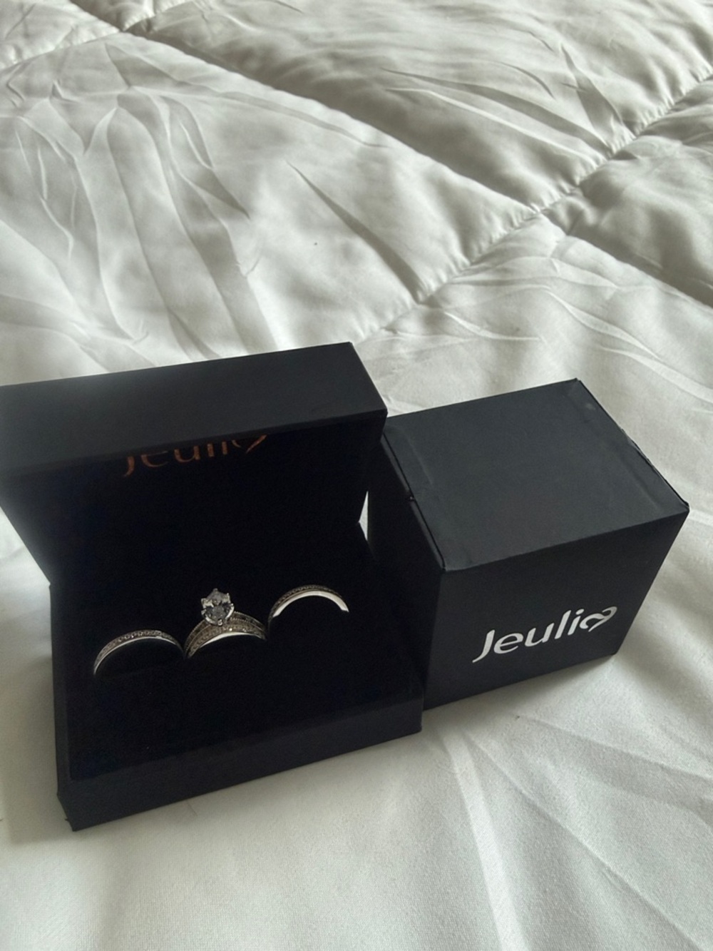 White Crystal Bridal Ring Set in Silver Tone